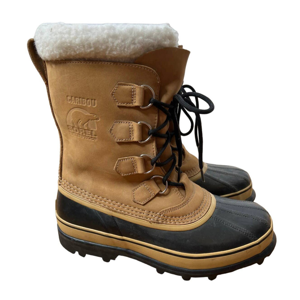Sorel Mens 8 Caribou Shearling Leather Waterproof Winter Snow Boots Tan Rubber